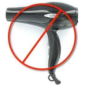 do not apply the hair dryer to heat the device